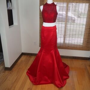 Angela & Alison 2 Piece Gown Size 4 Crimson Red Beaded Satin Mermaid Prom Formal